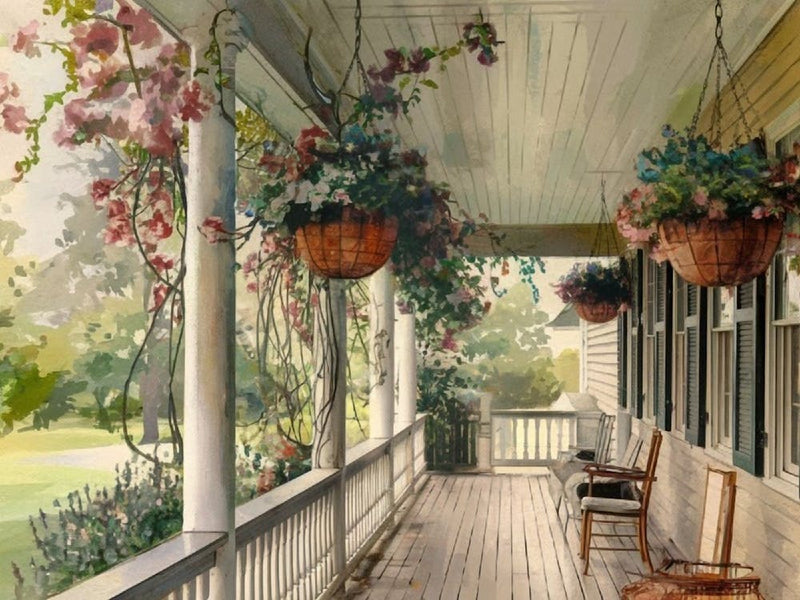 Cozy Evening Porch with Lanterns and Rocking Chair Watercolor