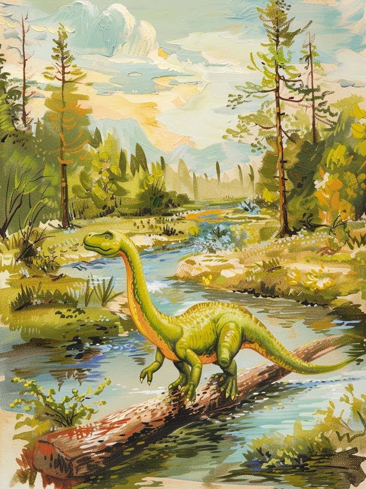 Storybook Style Dinosaur Crossing The River With A Log Painting 2