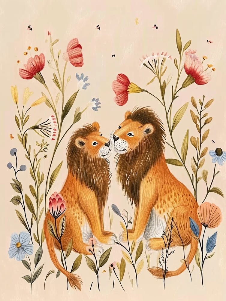 Folksy Floral Animal Drawing Lion 3