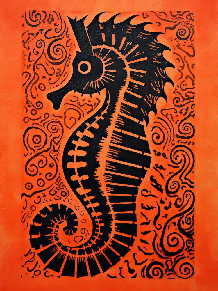 Seahorse, Woodblock Animal Drawing 4