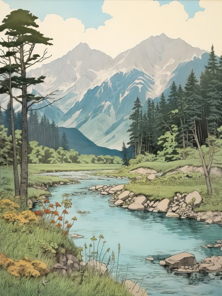 Kamikochi In Nagano, Ukiyo E Drawing 2