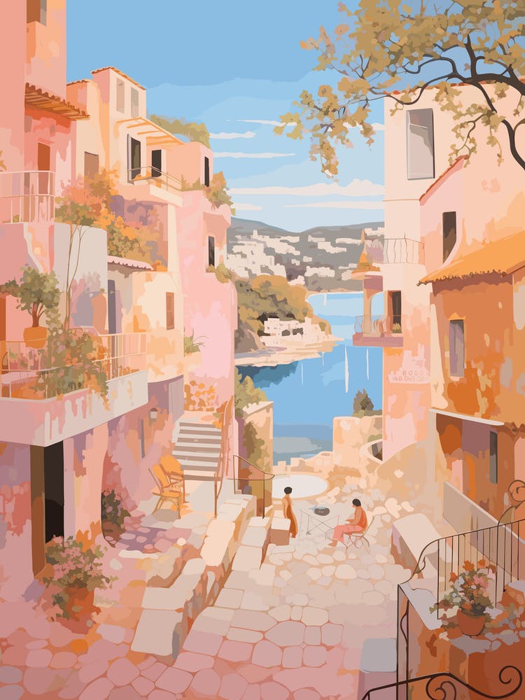 Ibiza Spain 4 Vintage Pink Travel Illustration