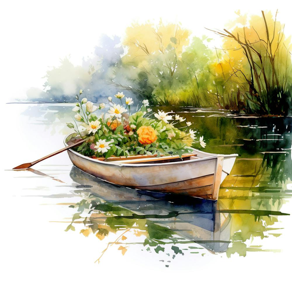 Watercolor Boat With Flowers