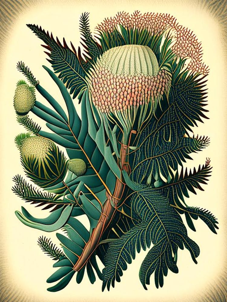 Pincushion Hakea Fern Vintage Botanical Poster