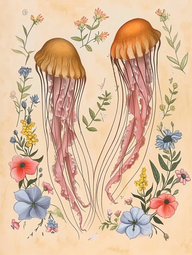 Folksy Floral Animal Drawing Jellyfish 4