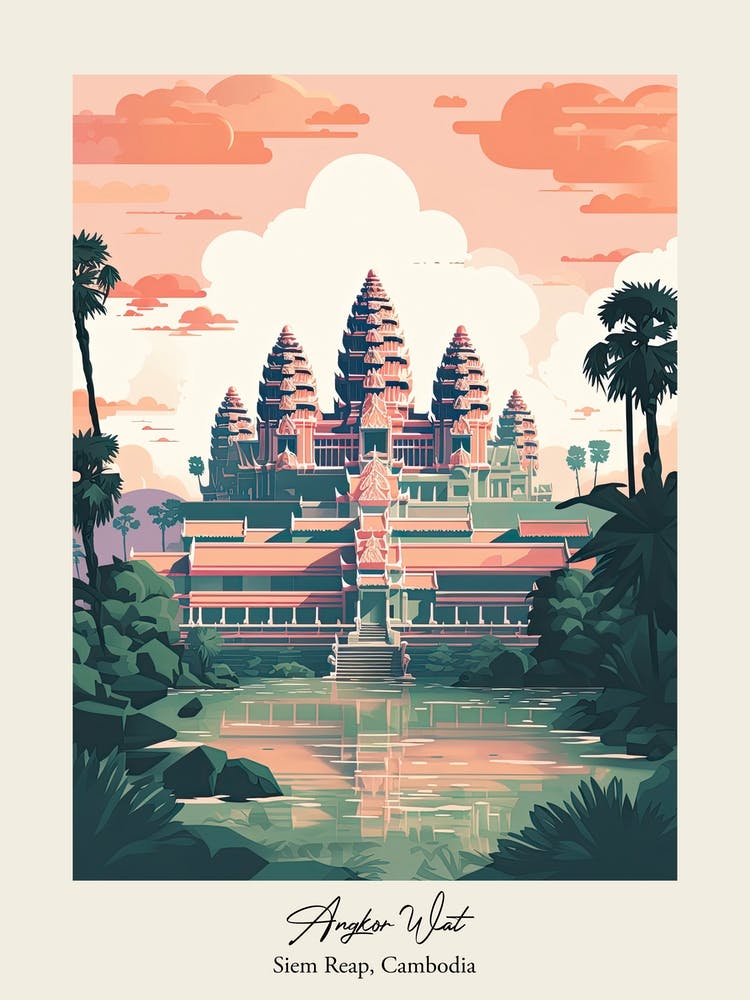 Angkor Wat Siem Reap, Kambodscha Niedliche Botanische Illustration Reiseposter 0