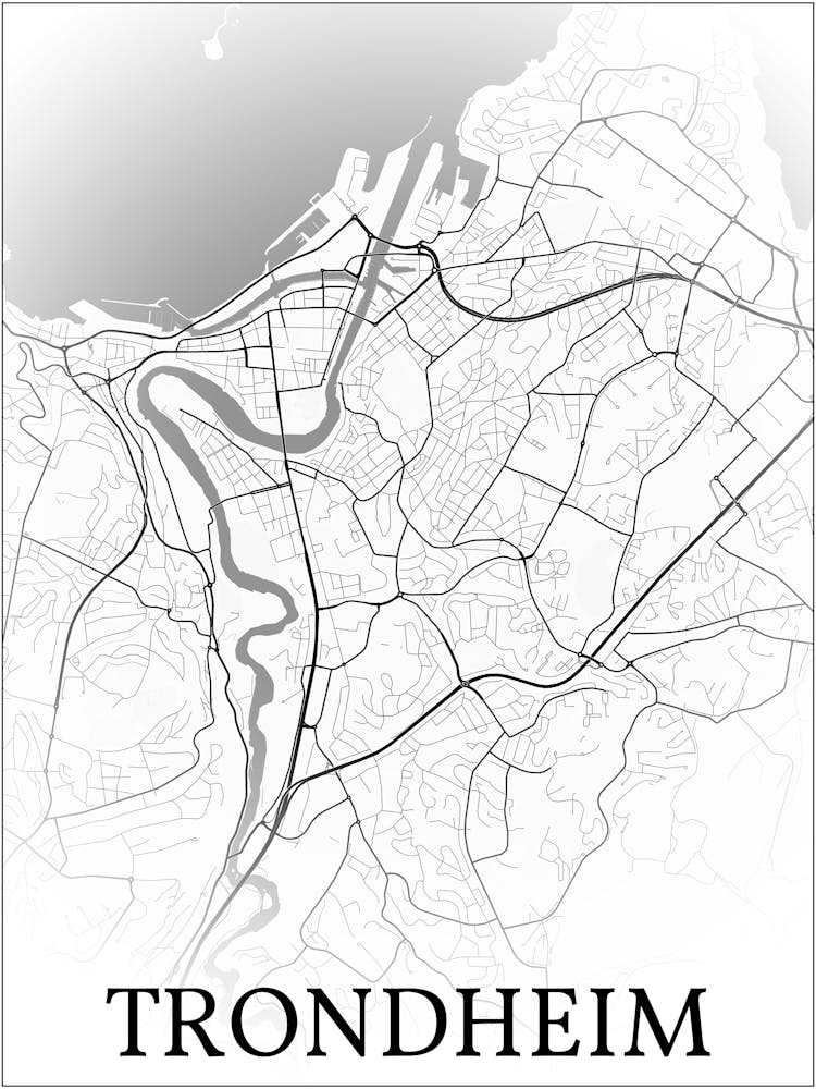 Trondheim, Trøndelag, Norway, City Map, Black And White Fade Design