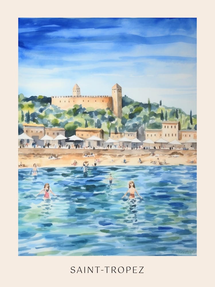Swimming In Saint Tropez France Watercolour Poster