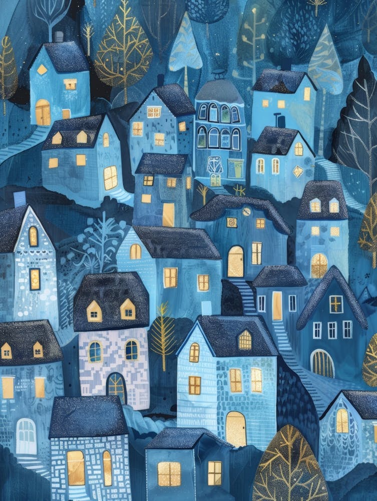 Maisons bleues la nuit