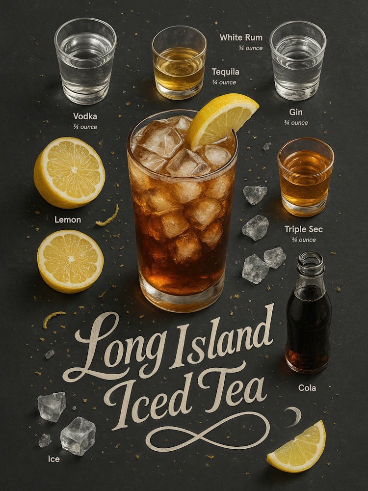 Long Island Iced Tea Poster – Five-Spirit Party Mix: Packed with vodka, gin, rum, tequila, and cola – this Long Island Iced Tea poster is the ultimate party drink. A bold recipe for bar or pub walls with vibrant typography and refreshing lemon – ideal for