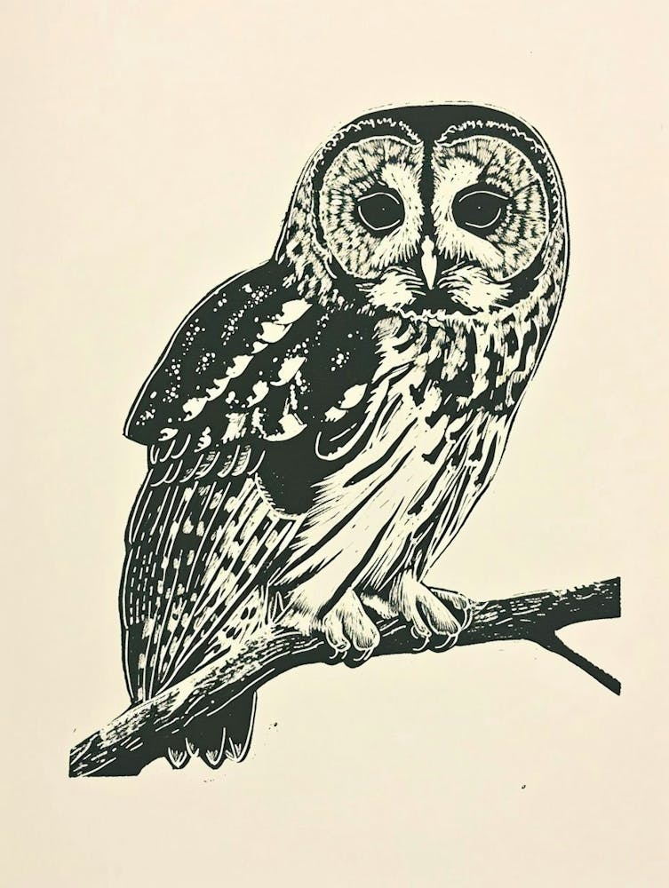 Tawny Owl Linocut Blockprint 2