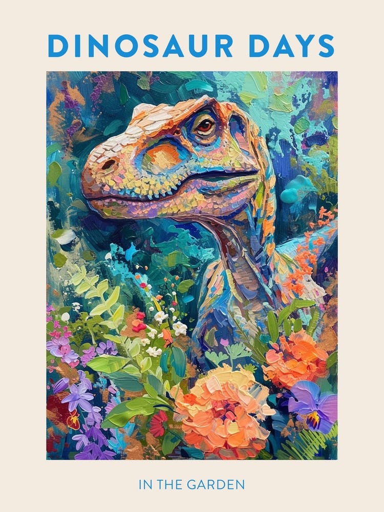 In The Garden Orange Blue Dinosaur Poster