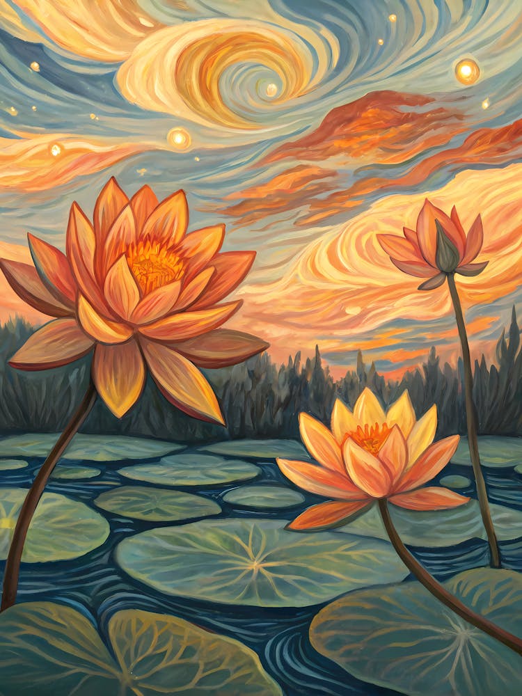 Van Gogh Lotus Pond Vibrant Orange Blooms & Swirling Sky