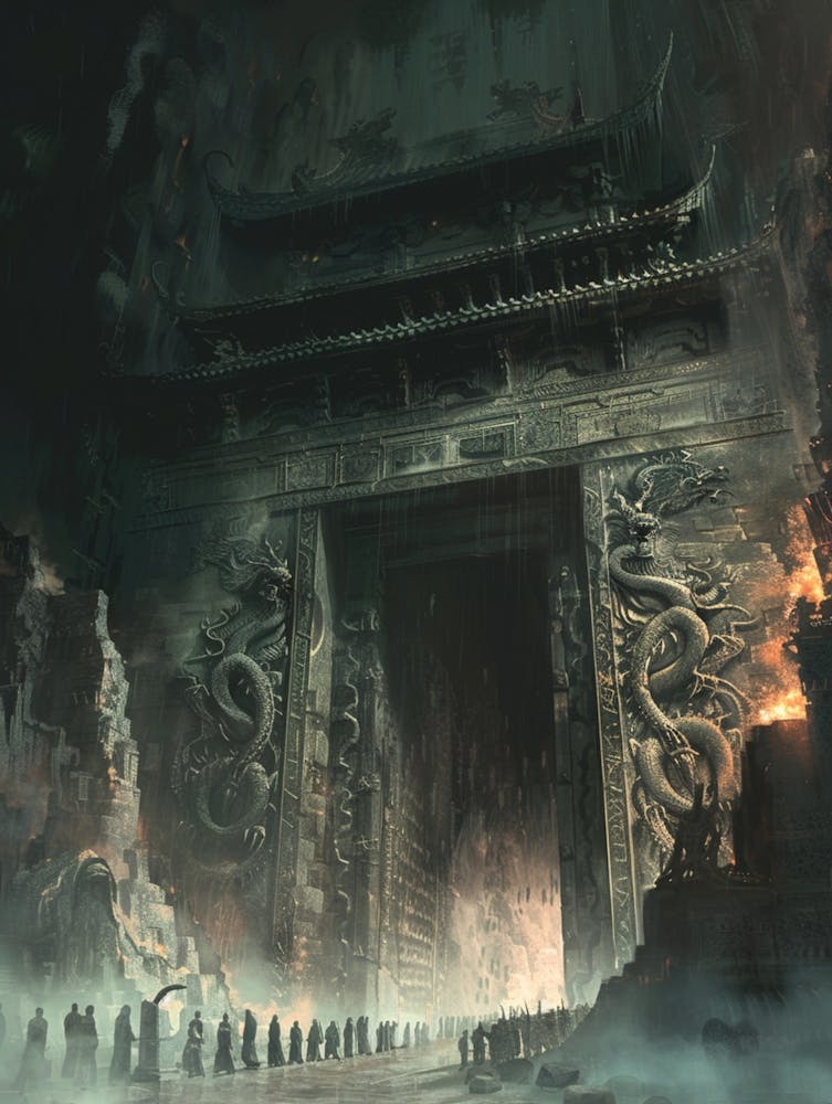The Gates Of Chinese Hell First Layer Of Chinese Hell Hell S Gate In China Is Made Of Human Bones , Ancient Majestic Gate In The Dark ,The Gate Is Slightly Opened With A Gap, And Many Souls Enter The Gate In An Orderly Manner Wi