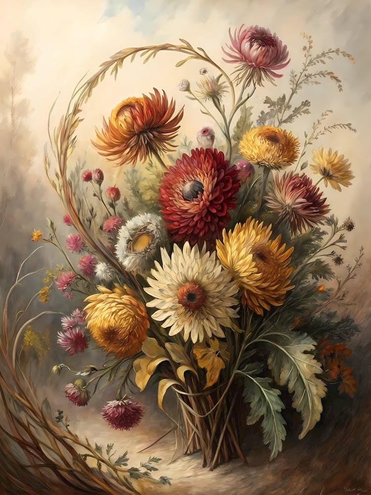 Oil Painting Style Rustic Autumn Floral Bouquet Dried Flowers Still Life