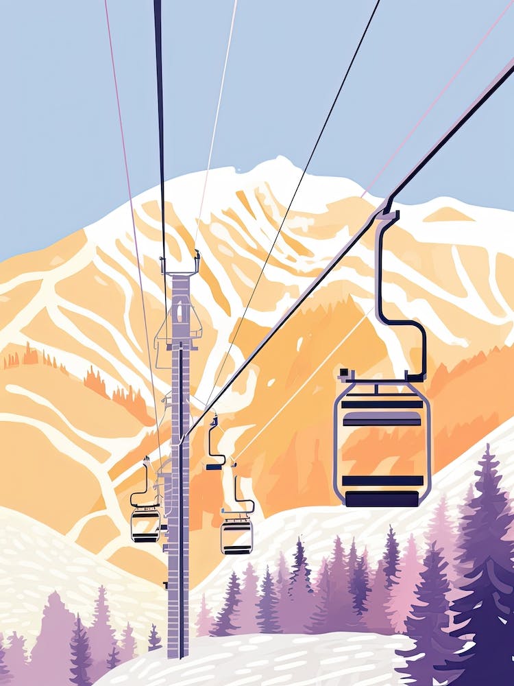 Jackson Hole Mountain Resort   Wyoming, Usa, Ski Resort Pastel Colours Illustration 3