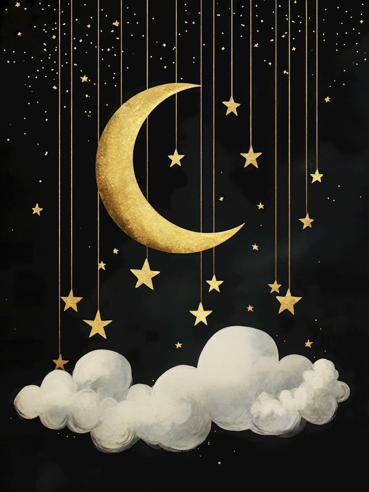Golden moon dreamscape – monochrome blacks with soft gold accents – enchanted storybook aesthetic – digital hand-painted style – inspired by Art Deco fairytales – fantasy fine art – ideal for libraries, bedrooms