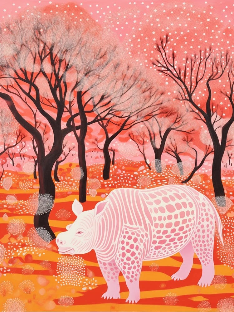 Rhino In The Trees Orange & Pink 3