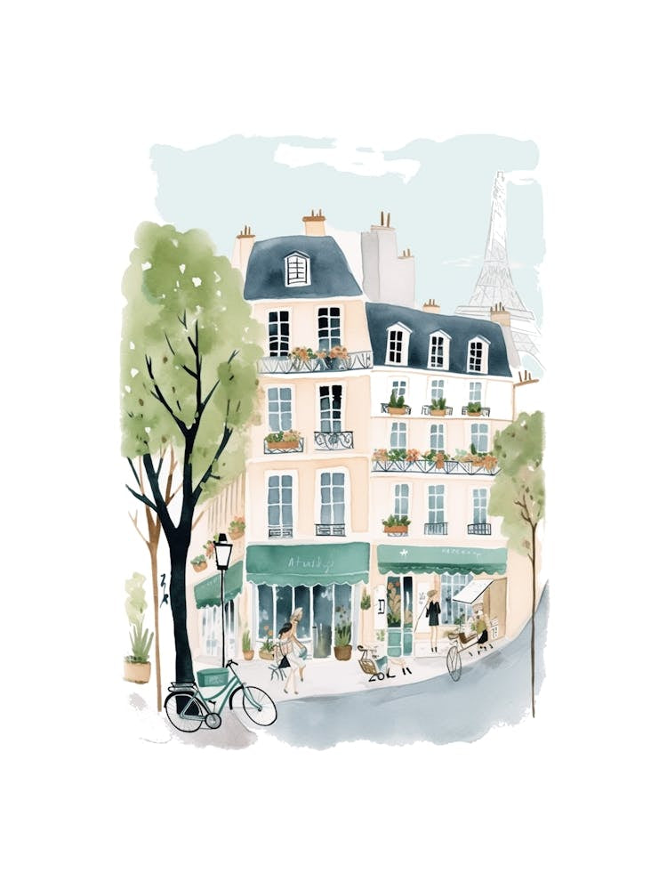 Paris France Street Scene Illustration Watercolour