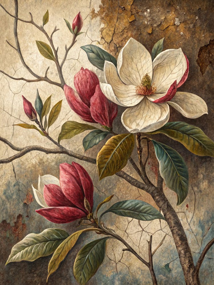 Oil Painting Style Textured Magnolias Over An Aged