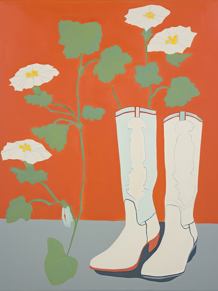 A Painting Of Cowboy Boots With White Flowers, Pop Art Style 1