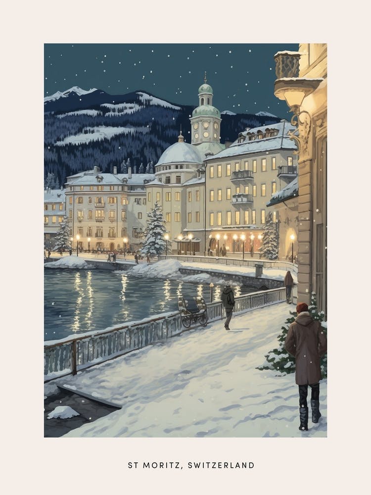 Vintage Winter Poster St Moritz Switzerland 1