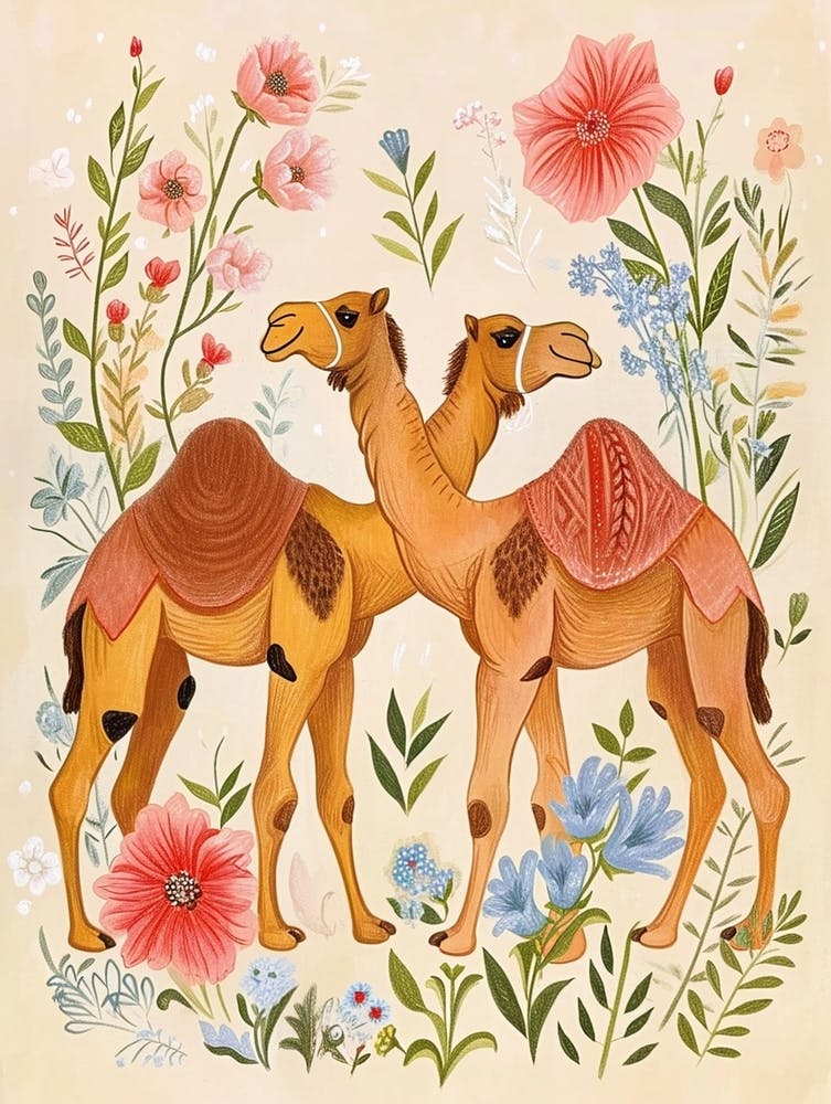 Folksy Floral Animal Drawing Camel 3