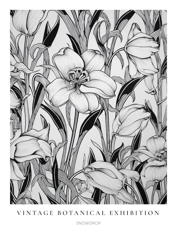 Snowdrop 2 B&W Vintage Botanical Poster