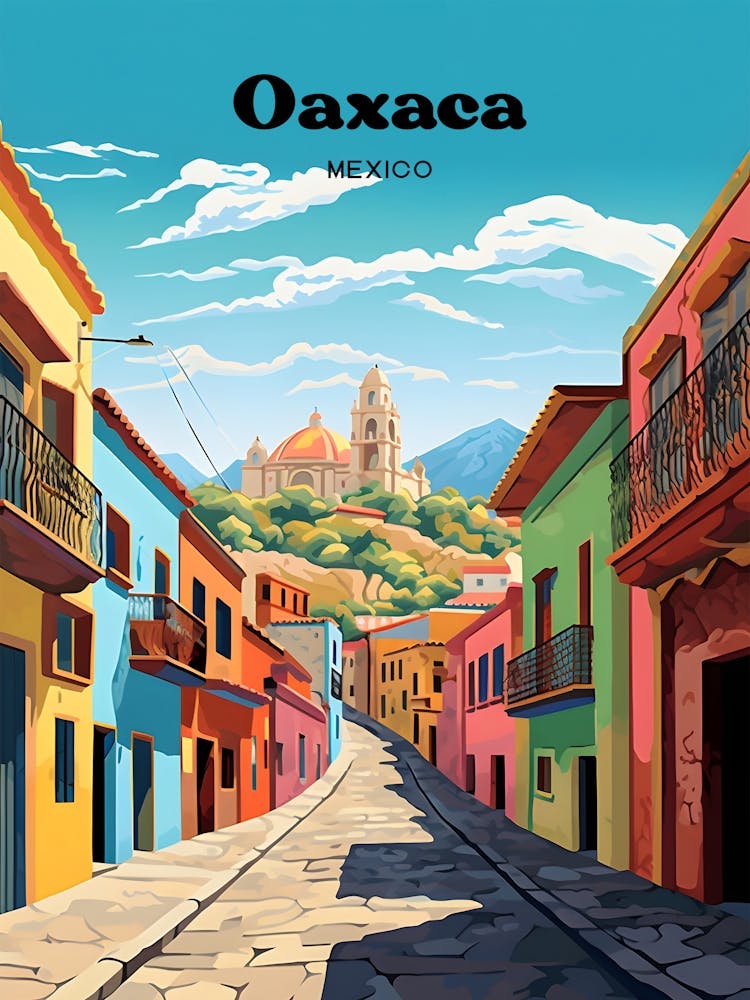 Oaxaca Mexico Cobblestreet Modern Travel Illustration