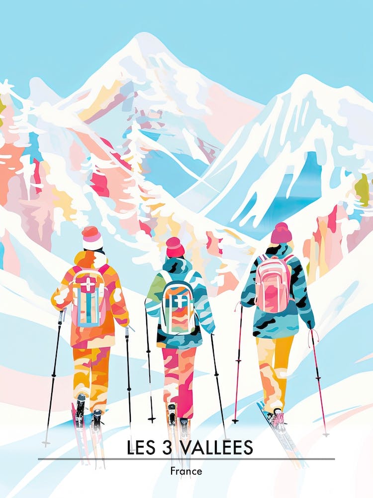 Les 3 Vallees   France, Ski Resort Poster Illustration 0