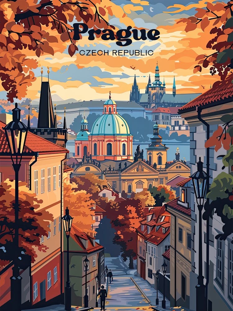 Prague Czech Sunset Art Illustration