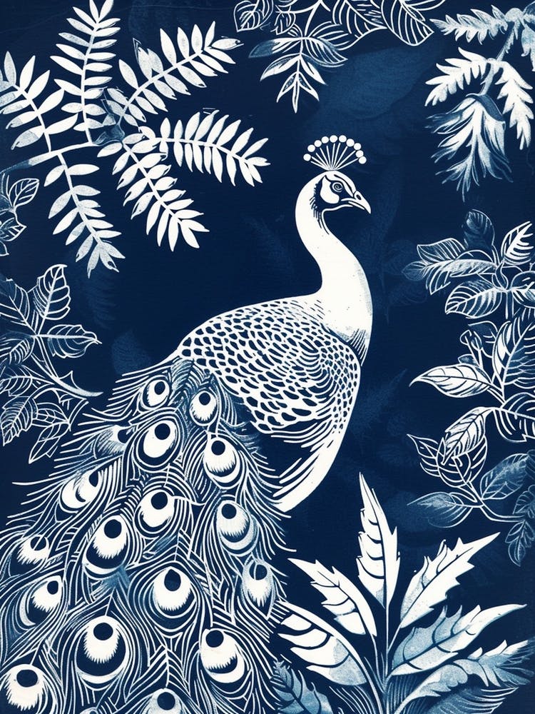 Navy Blue & White Peacock Linocut Inspired Portrait 5