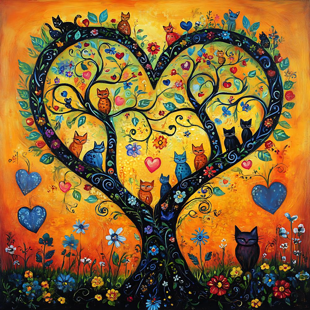 Folk Art Heart Tree Cat Climbing Artwork 6