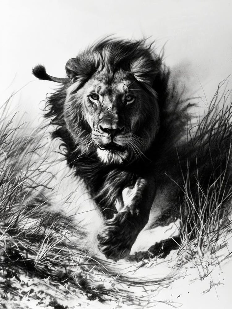 Barbary Lion Charcoal Drawing Hunting 1