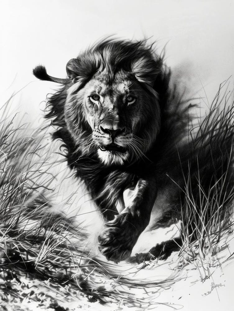 Barbary Lion Charcoal Drawing Hunting 1