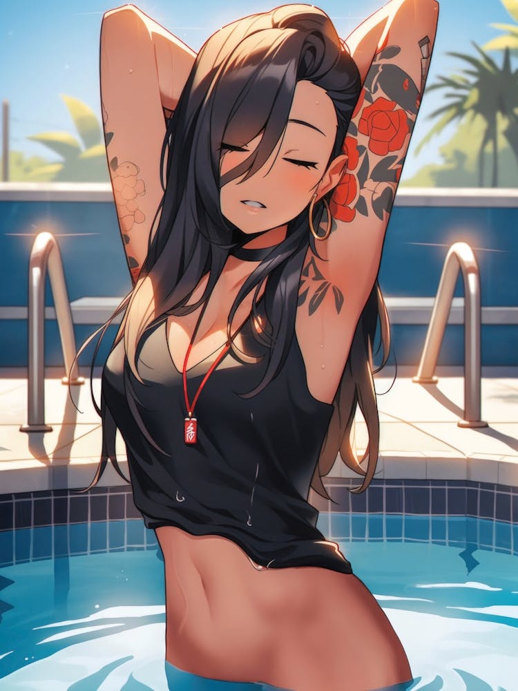 A hot manga girl is having some fun in the pool: This anime portrait is the embodiment of cute, beautiful, and undeniably sexy.