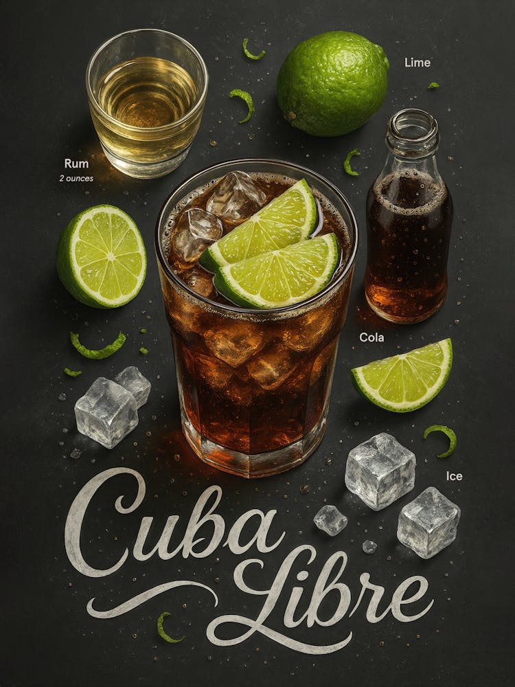 Cuba Libre Poster – Rum, Cola, and Lime Classic: Simple and refreshing – this Cuba Libre poster highlights rum, cola, and lime in a tropical glass. With bold typography and summer vibes, it’s the perfect recipe piece for kitchen, pub, or party settings.