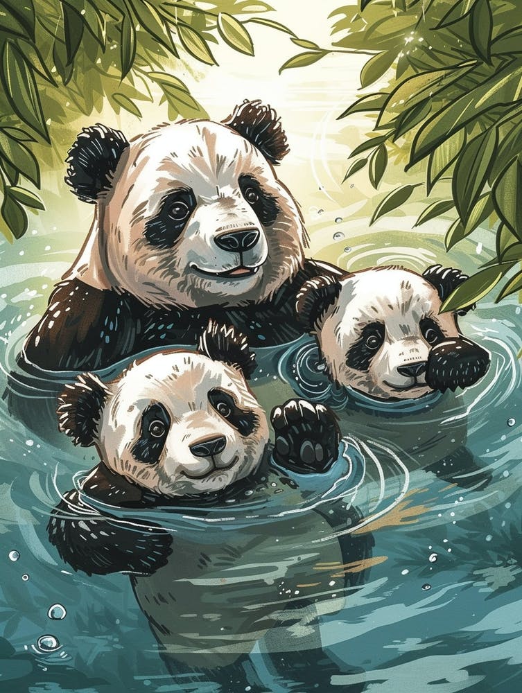 Giant Panda Family Swimming In A River Storybook Illustration 4