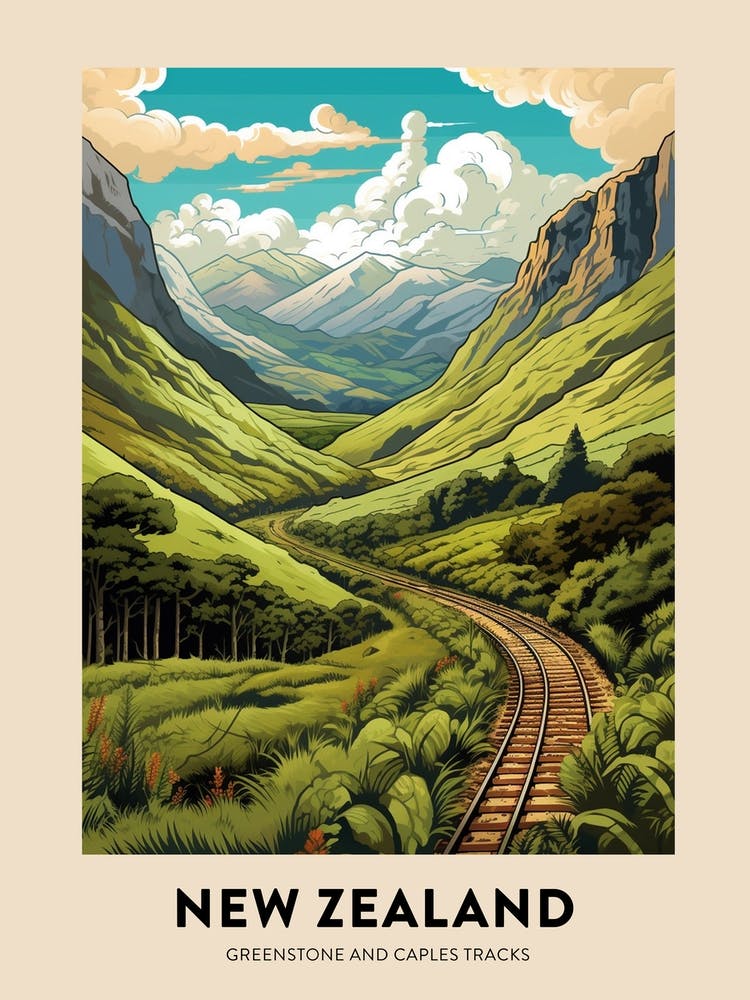 Greenstone And Caples Tracks New Zealand 2 Vintage Hiking Travel Poster