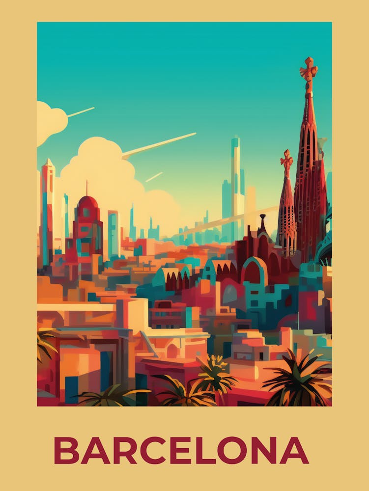 Barcelona Cityscape Old art print.