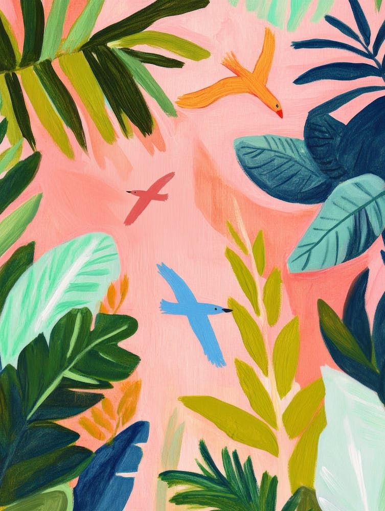 Tropical Birds in the Jungle Gouache Painting