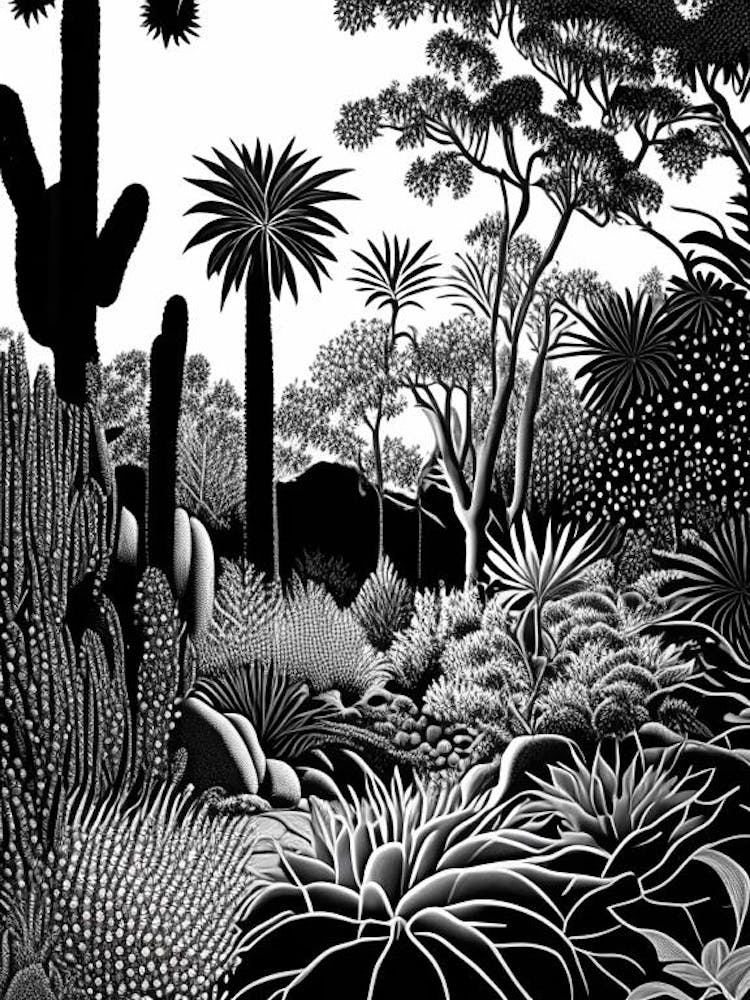 Huntington Desert Garden, 1, Usa Linocut Black And White Vintage