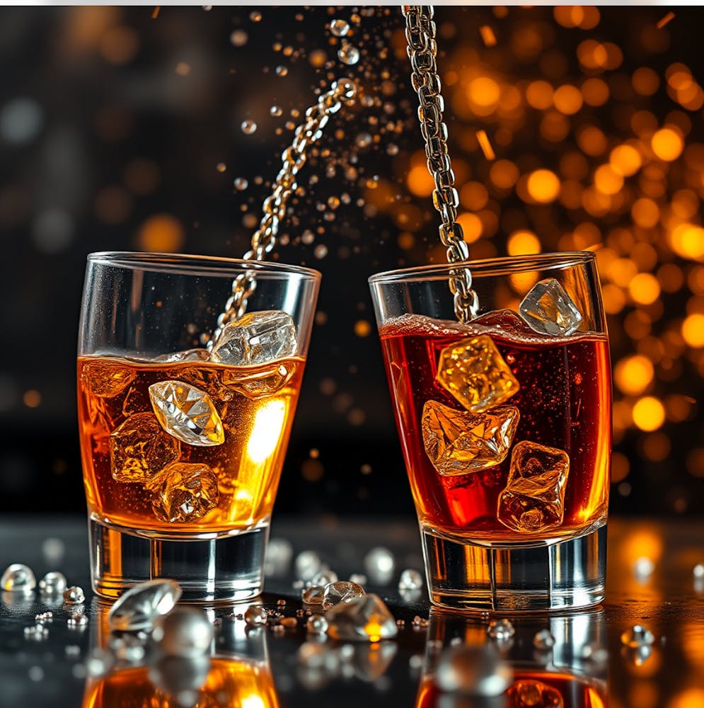 Two Glasses Of Whiskey With Ice Cubes