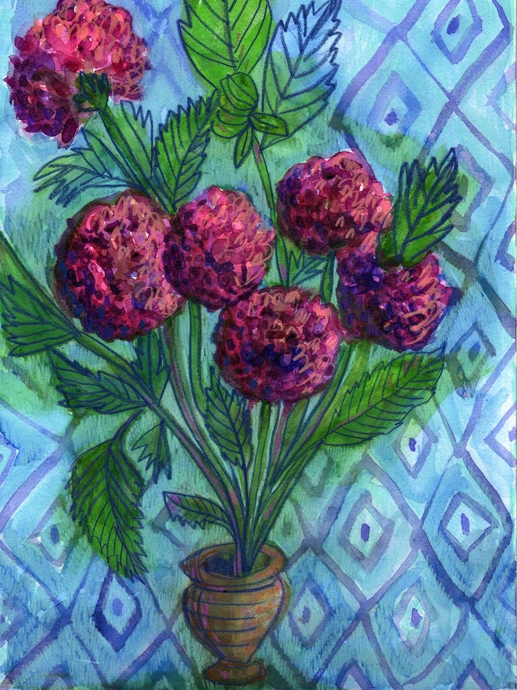 Purple Pot Of Dahlias