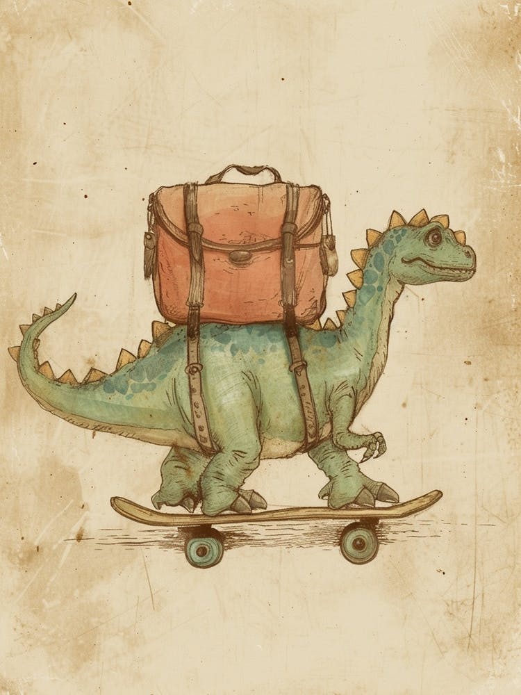 Vintage Nodosaurus Dinosaur On A Skateboard 1