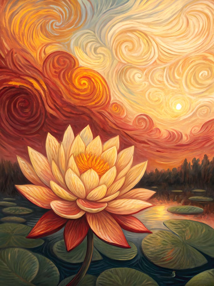 Van Gogh Lotus Sunset Vibrant Sky & Water Reflections