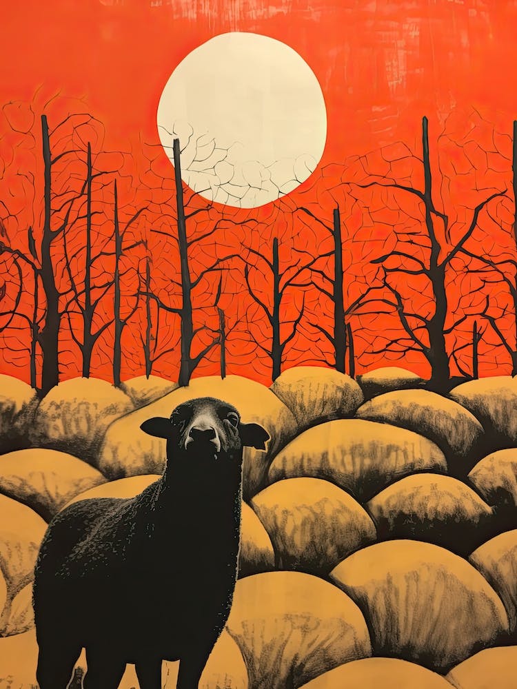 Sheep, Woodblock Animal  Drawing 2