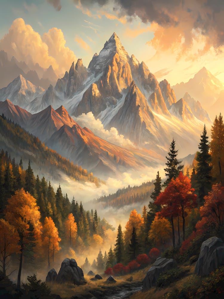 Oil Painting Style Majestic Autumn Mountains Forest Landscape with Foggy Valley