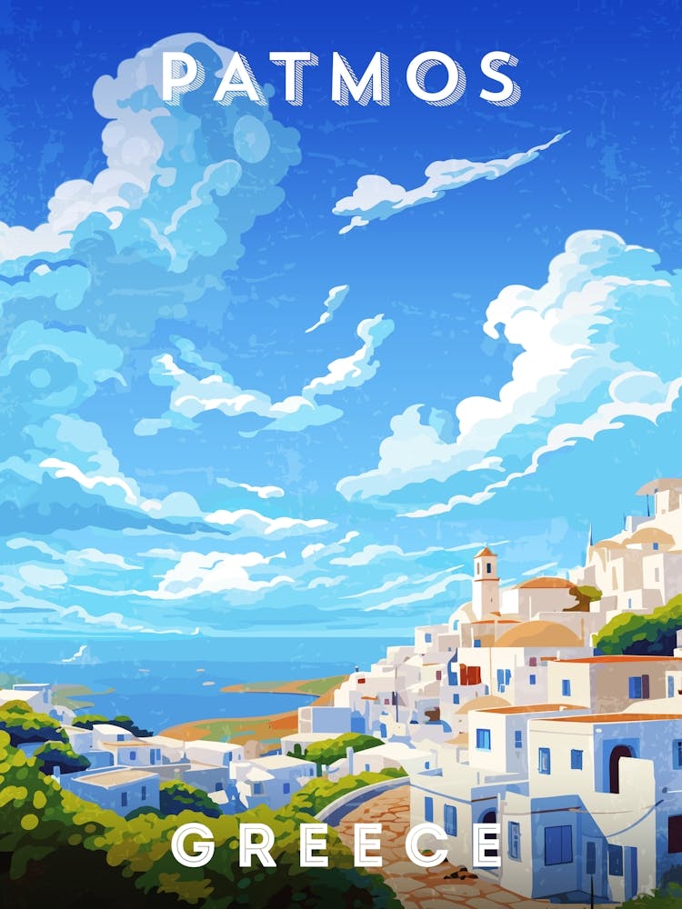 Greece, Patmos — Retro travel minimalist poster, retro travel art, retro travel wall art, vector art