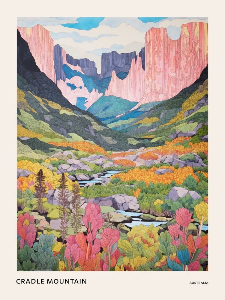 Cradle Mountain Australia 2 Colourful Mountain Illustration Poster